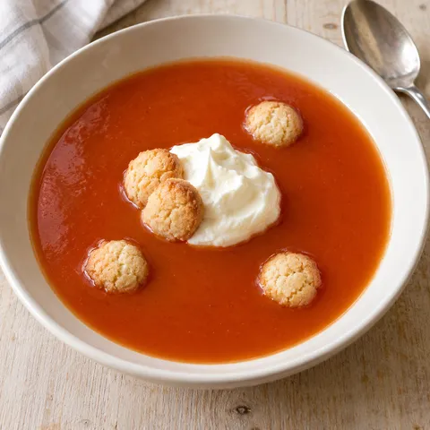 Orangeröd nyponsoppa med lättvispad grädde och små gyllene mandelbiskvier