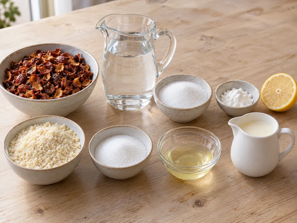Nyponskal, mandelmjöl, socker, potatismjöl, äggvita, citron och grädde