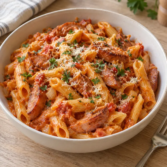 Penne med brynt falukorv i krämig tomatsås, toppad med riven ost och persilja