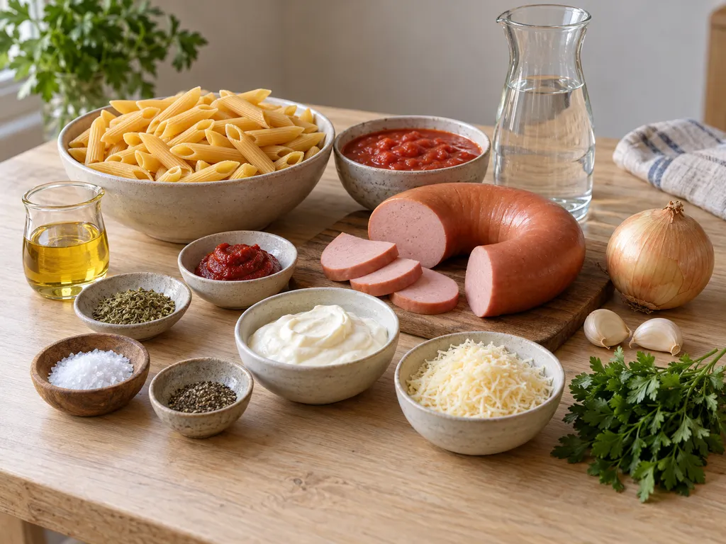 Penne, falukorv, tomater, lök, crème fraiche och övriga råvaror till korvpasta