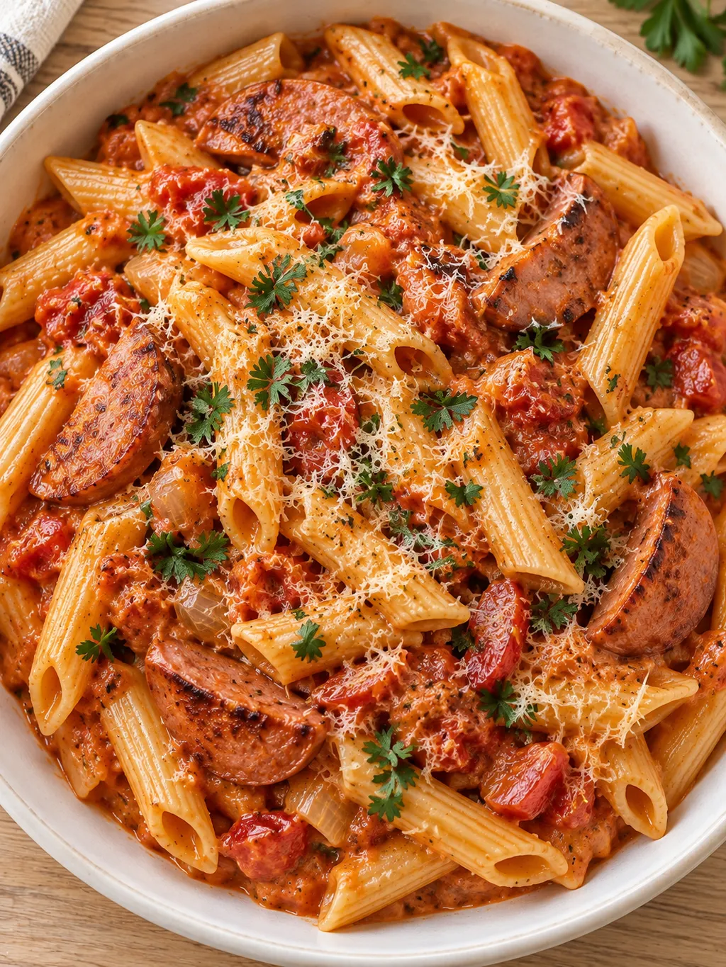 Krämig tomatpasta med falukorv, riven ost och persilja i en benvit skål