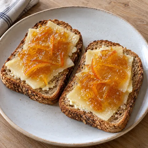 Rostat fullkornsbröd med skivad lagrad ost och apelsinmarmelad på en ljus tallrik