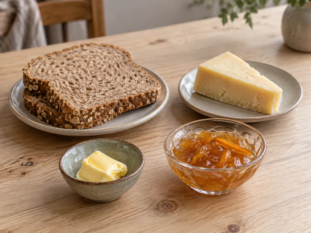 Fullkornsbröd, lagrad hårdost, smör och apelsinmarmelad i separata fat och skålar