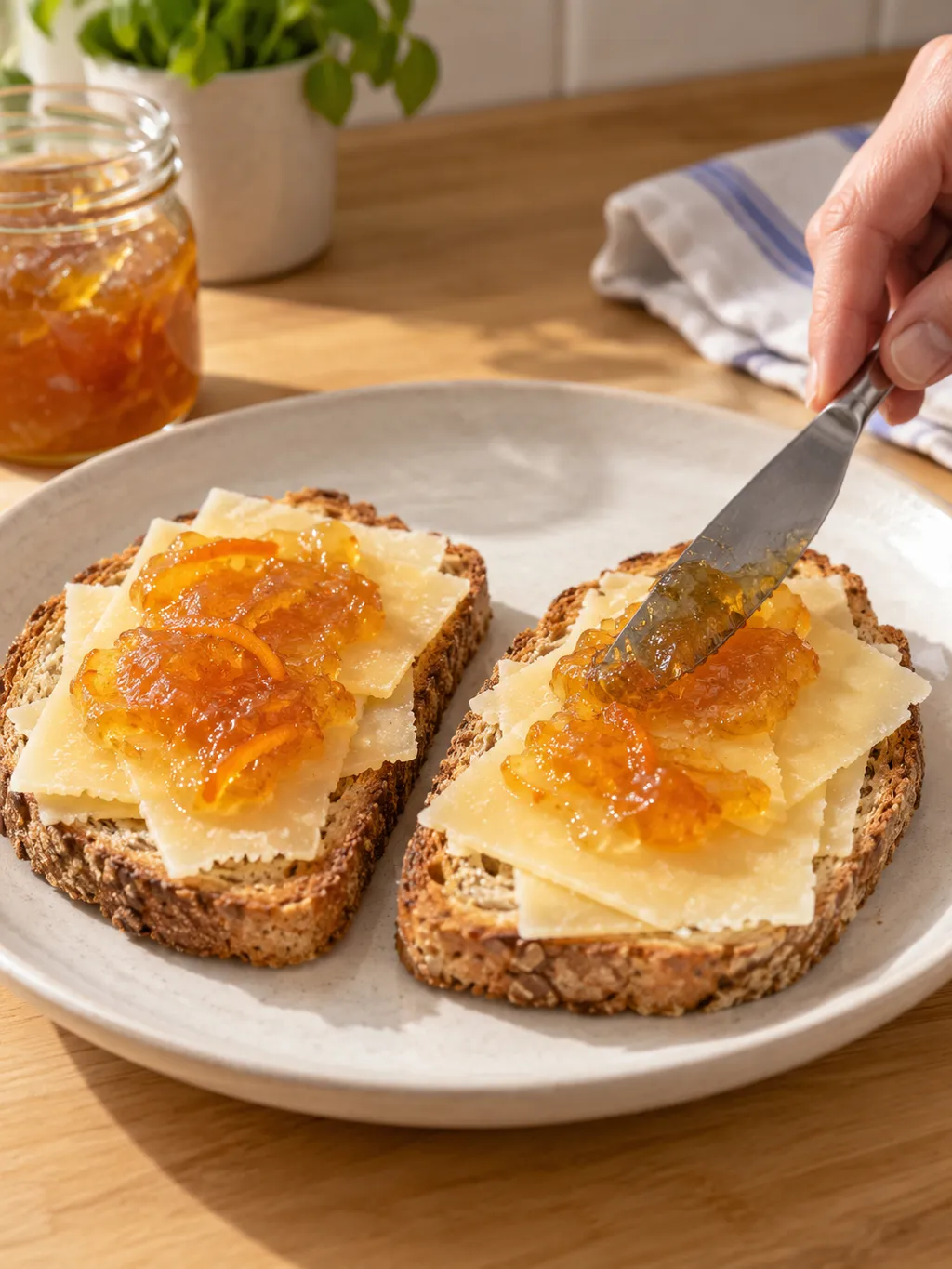 Apelsinmarmelad breds över lagrad ost på varmt rostat fullkornsbröd