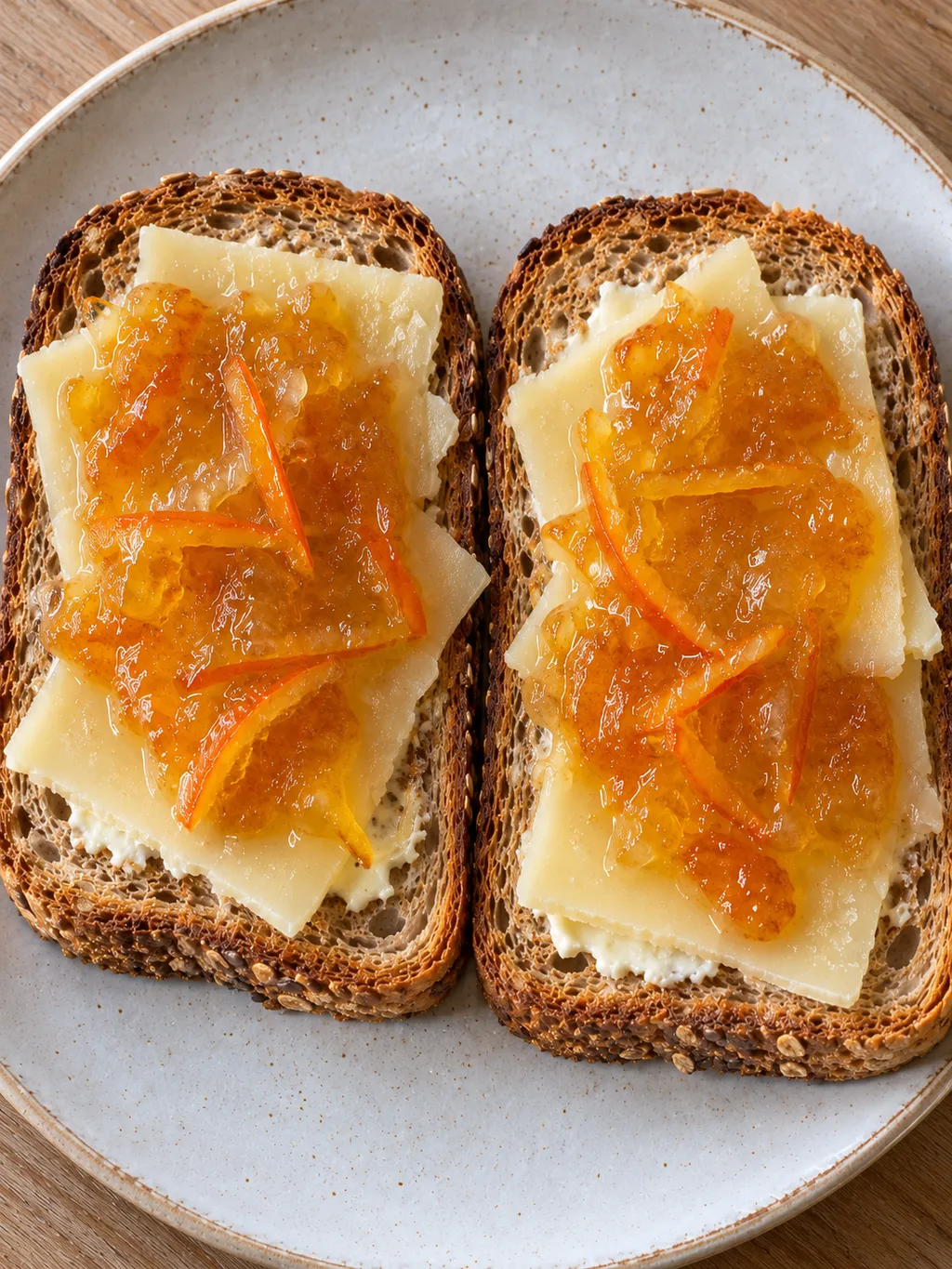 Två frasiga ostmackor med apelsinmarmelad och synliga skalstrimlor
