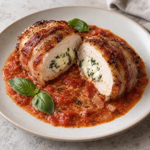 Baconlindad kycklingfilé med mozzarella, basilika och röd tomatsås