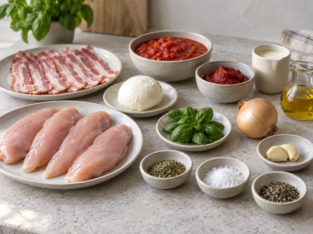 Kyckling, bacon, mozzarella, tomater, grädde och örter till fyllda kycklingfiléer