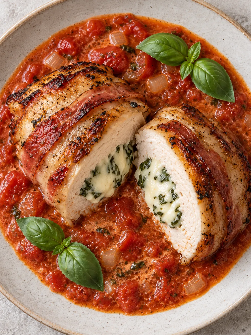 Delad baconlindad kyckling med smält mozzarella och basilika i tomatsås