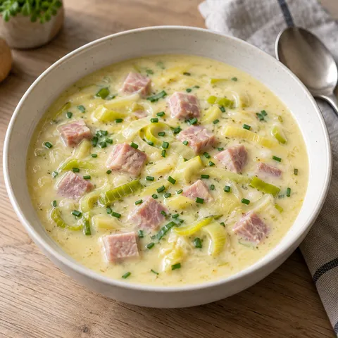Krämig ostsoppa med rosa kasslertärningar, purjolök och gräslök