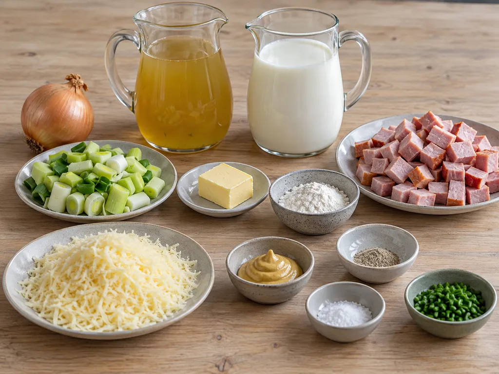 Ost, kassler, purjolök, mjölk och övriga råvaror till ostsoppa