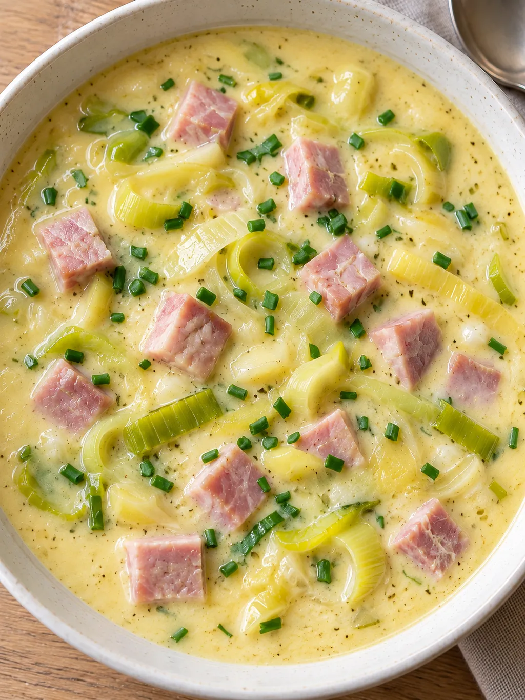 Ljust krämig ostsoppa med kassler, purjolök och gräslök i en vit skål