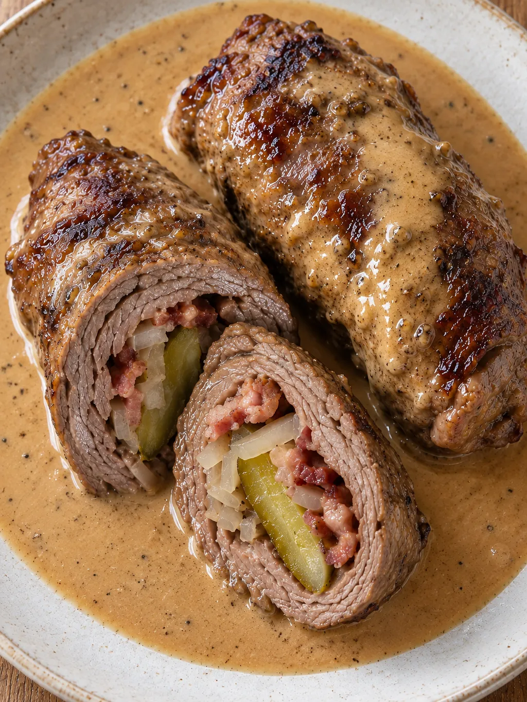 Två oxrulader i ljusbrun gräddsås med bacon och saltgurka i fyllningen