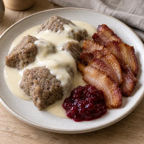 Paltbröd med vitsås, brynt sidfläsk och en klick lingonsylt på ljus tallrik