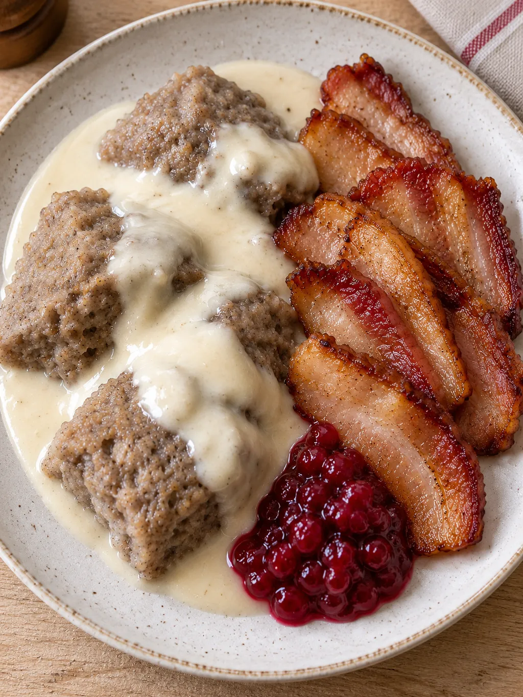 Mörkt paltbröd med len vitsås, gyllenbrunt sidfläsk och röd lingonsylt