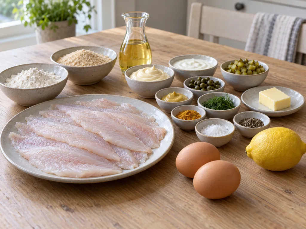 Rödspättafiléer, paneringsråvaror och ingredienser till remouladsås