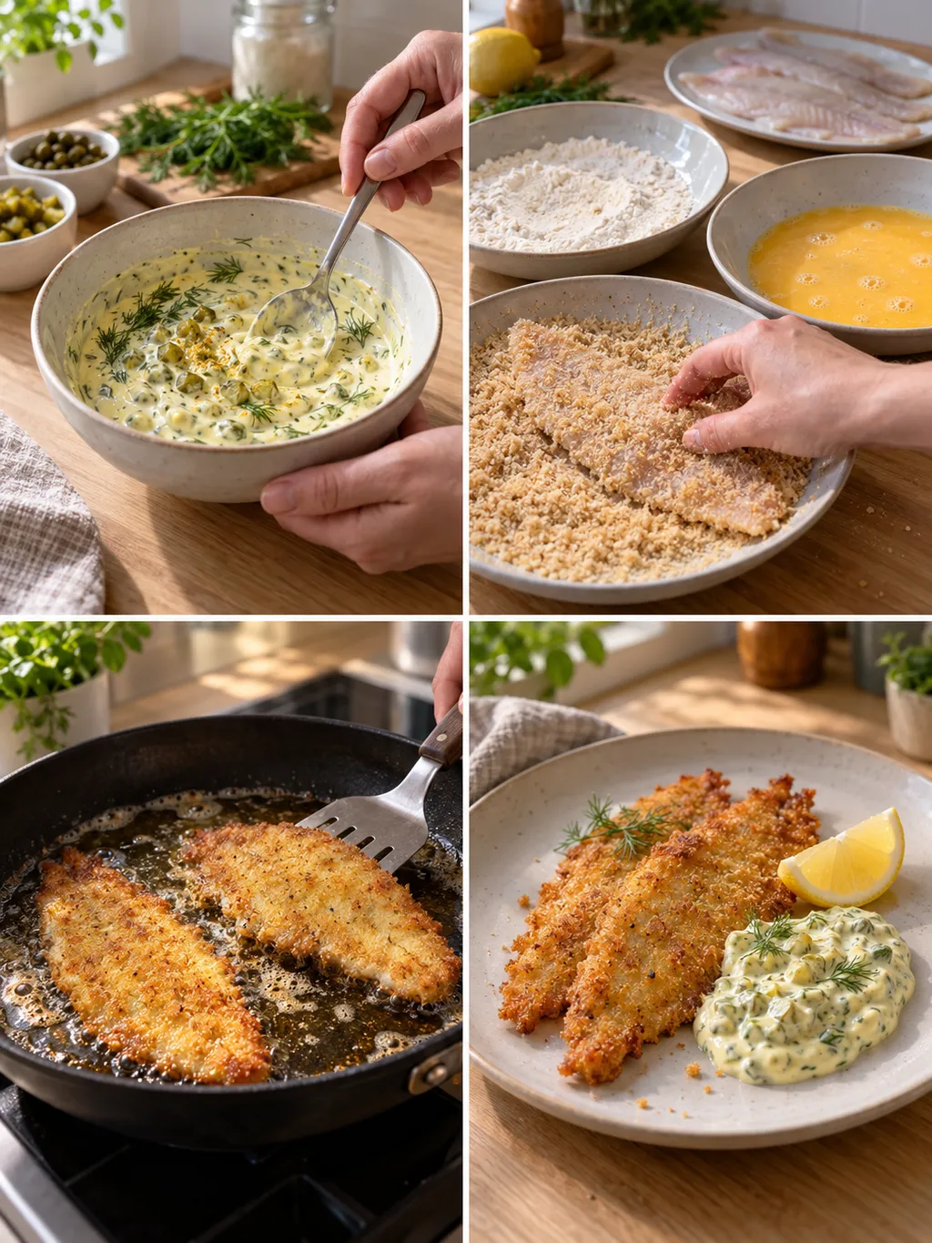 Remoulad blandas, rödspätta paneras och steks samt serveras med citron