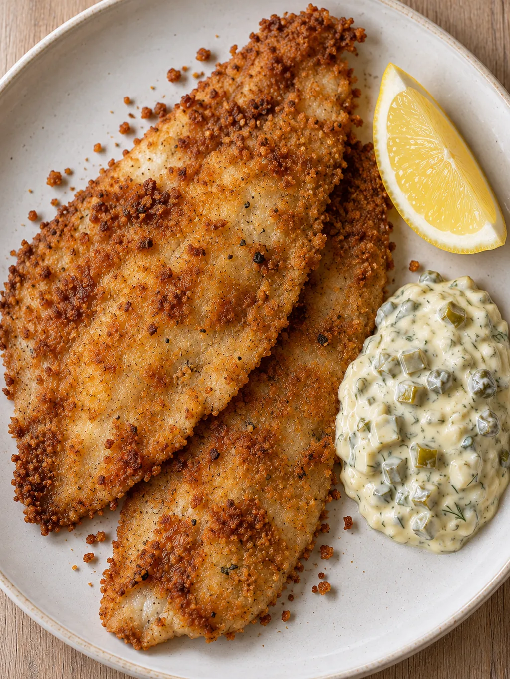 Frasig rödspätta med remouladsås och citron på en ljus tallrik