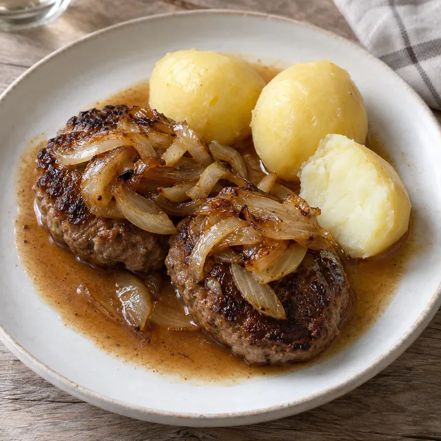 Pannbiff med gyllene stekt lök, brun sky och skalad kokt potatis