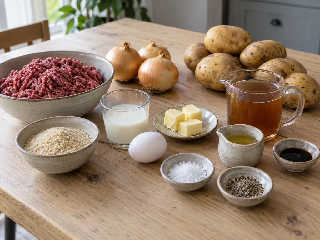 Nötfärs, ägg, ströbröd, mjölk, gul lök och potatis med råvaror till skyn