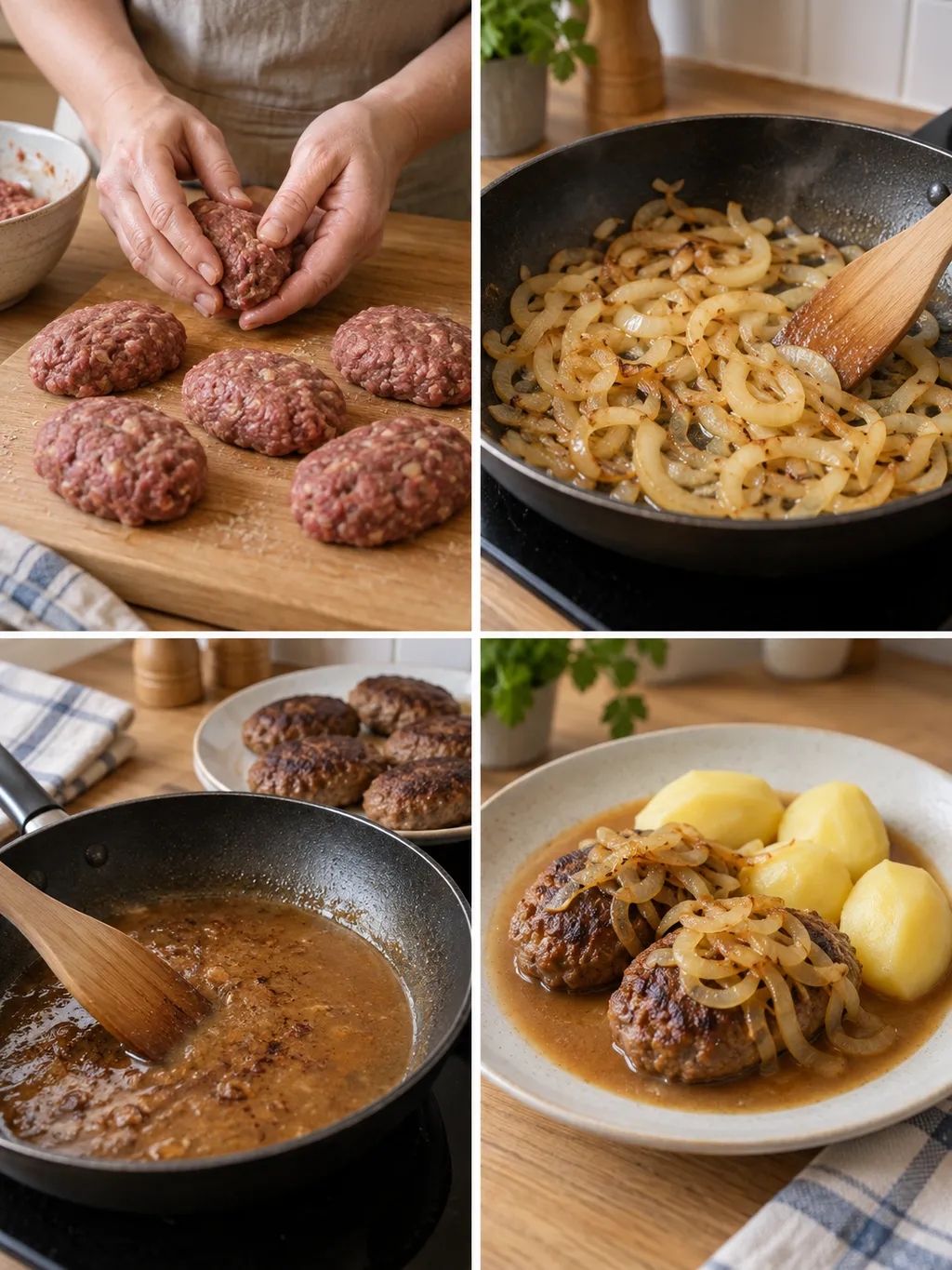 Pannbiff formas, lök steks och sky tillagas före servering med kokt potatis