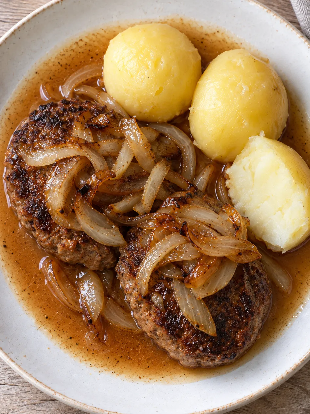 Brynta pannbiffar med mjuk gul lök, tunn sky och kokt potatis på ljus tallrik