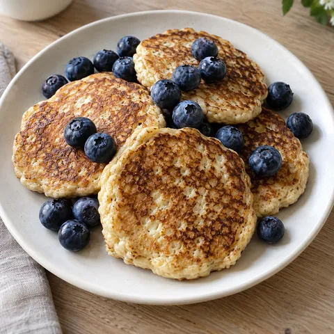 Gyllene pannkakor med keso och havregryn, serverade med färska blåbär