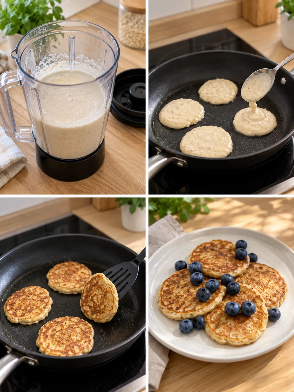 Pannkakssmet mixas, klickas i pannan, vänds och serveras med blåbär
