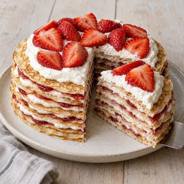 Pannkakstårta med jordgubbssylt, gräddlager och halverade jordgubbar