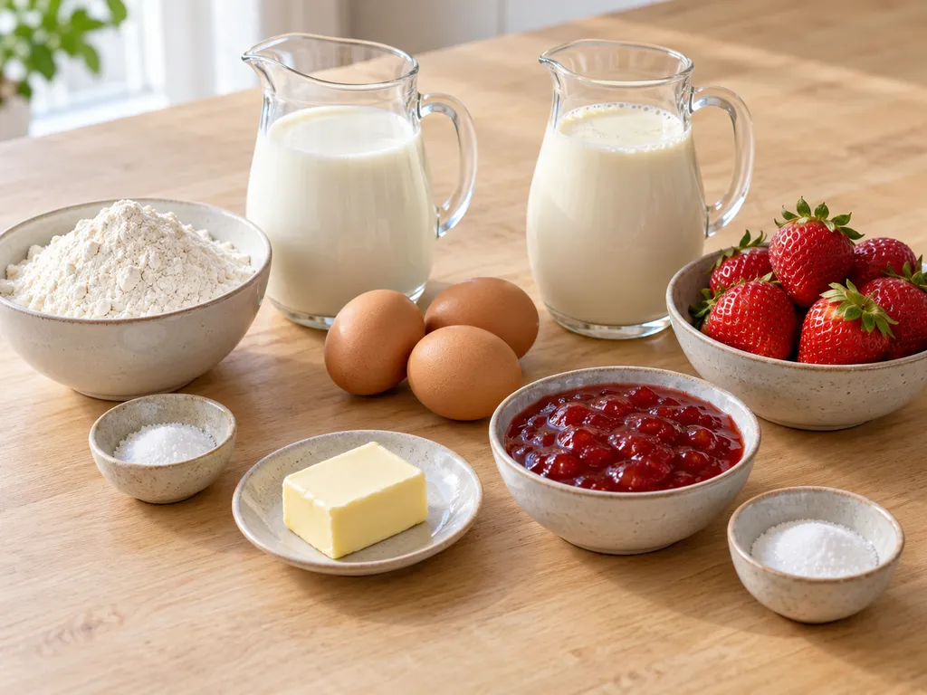 Mjöl, mjölk, ägg, smör, grädde, vaniljsocker, salt, jordgubbssylt och jordgubbar