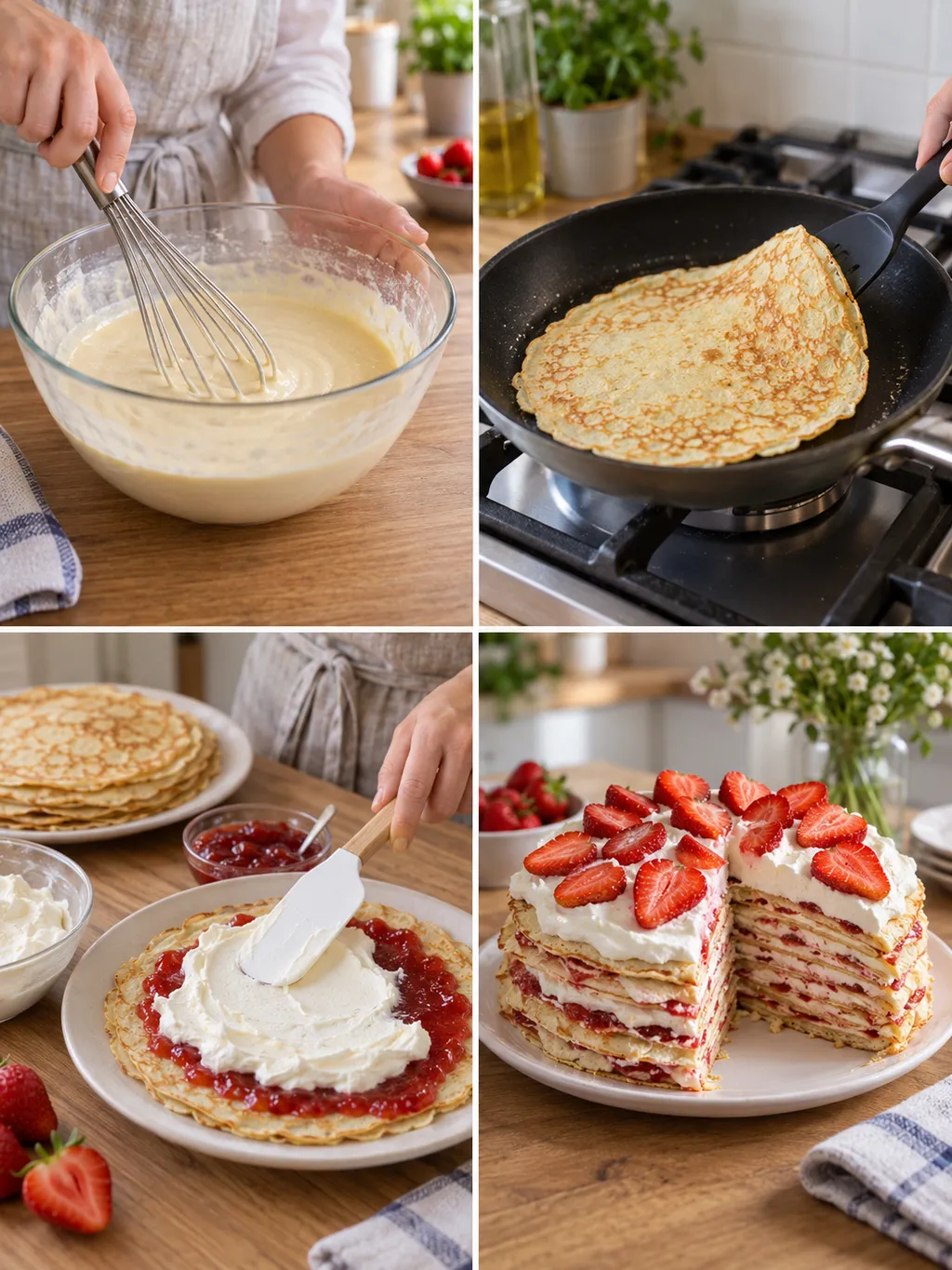 Pannkakssmet, stekning, montering med sylt och grädde samt färdig pannkakstårta