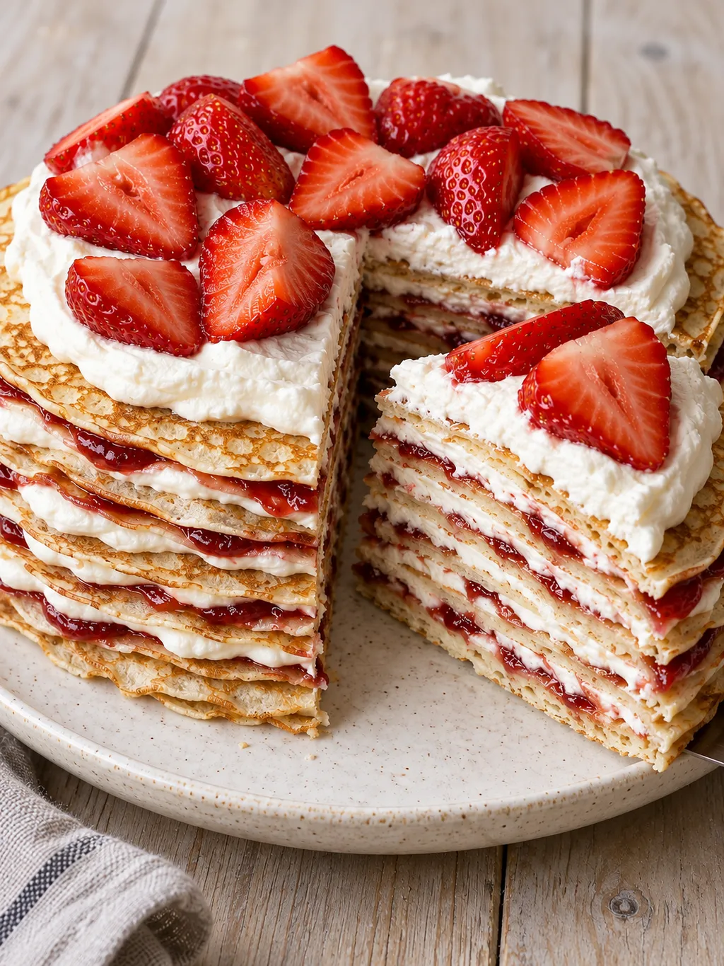 Pannkakstårta med synliga lager av jordgubbssylt och grädde samt färska jordgubbar