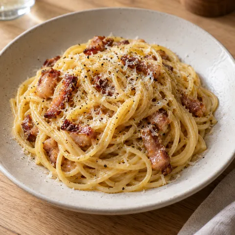 Spaghetti carbonara med brynt guanciale, pecorino och svartpeppar