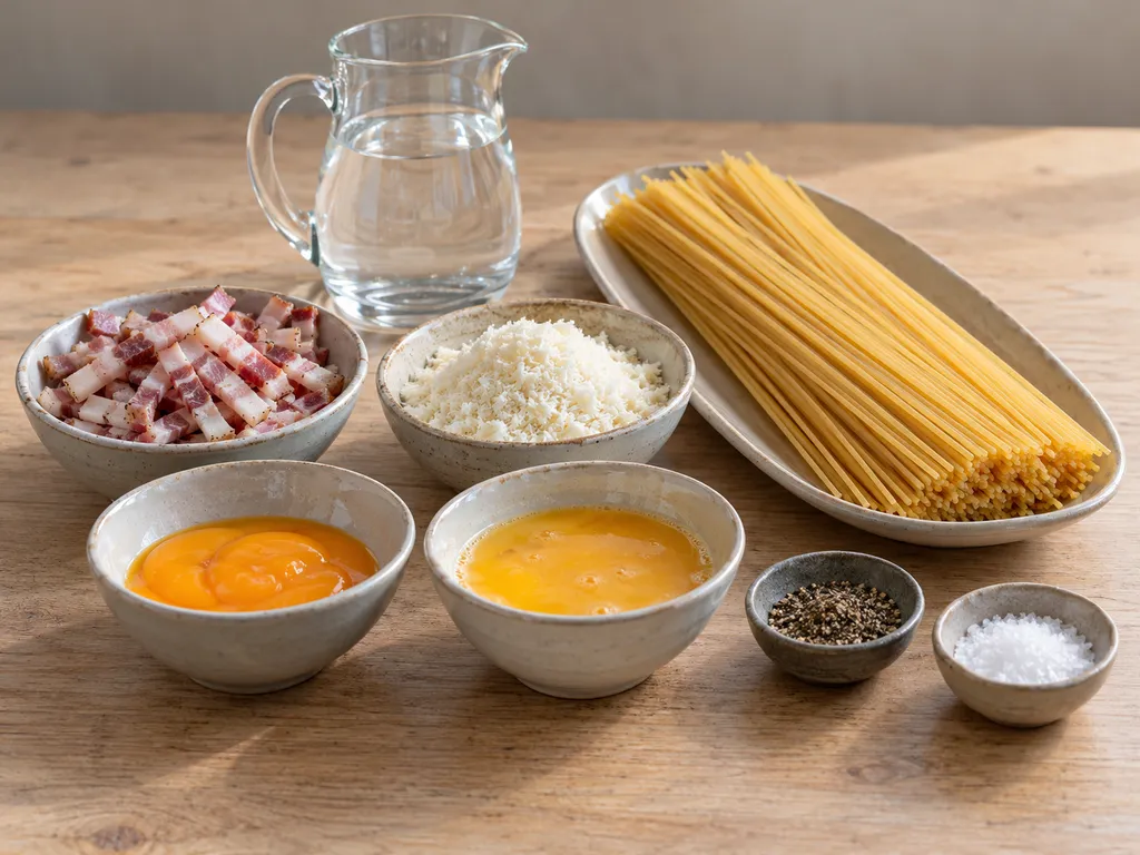Spaghetti, guanciale, pecorino, pastöriserade äggprodukter, salt och svartpeppar