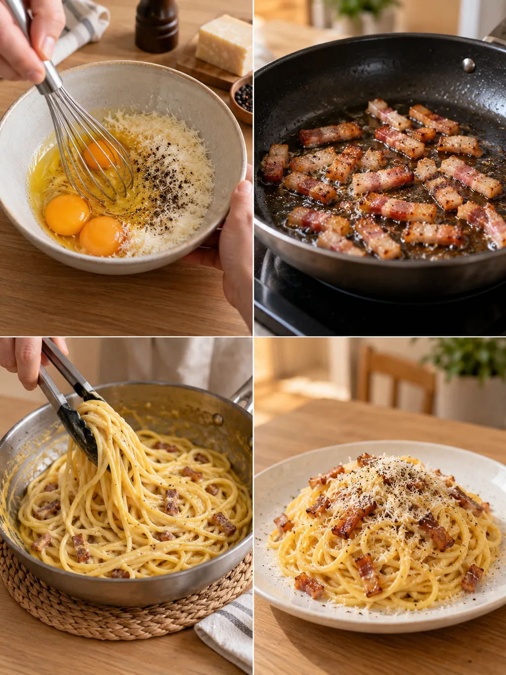 Äggsås blandas, guanciale bryns och spaghetti vänds till färdig carbonara