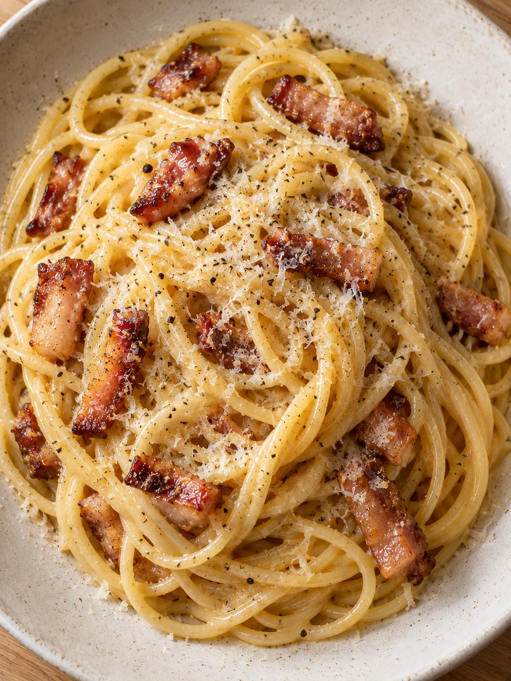 Krämig spaghetti carbonara med guanciale och finriven pecorino på ljus tallrik