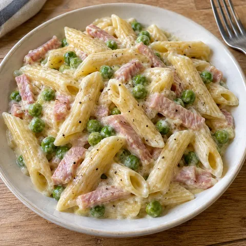 Penne med krämig skinksås, gröna ärtor och svartpeppar på en ljus tallrik
