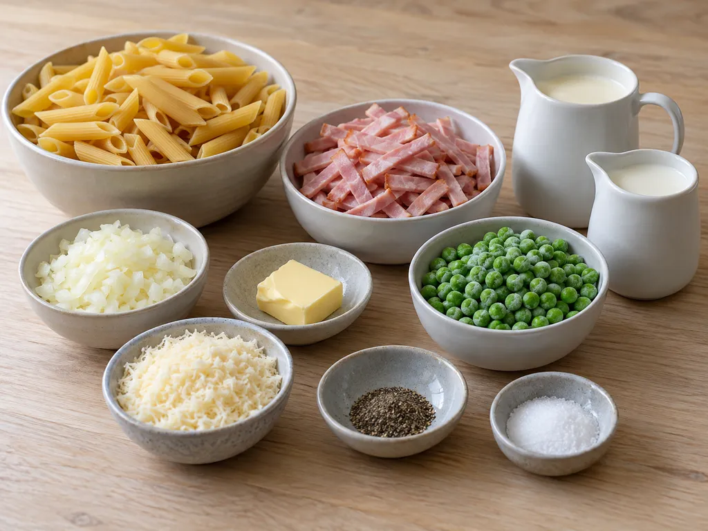 Penne, kokt skinka, ärtor, lök, smör, grädde, mjölk och riven ost