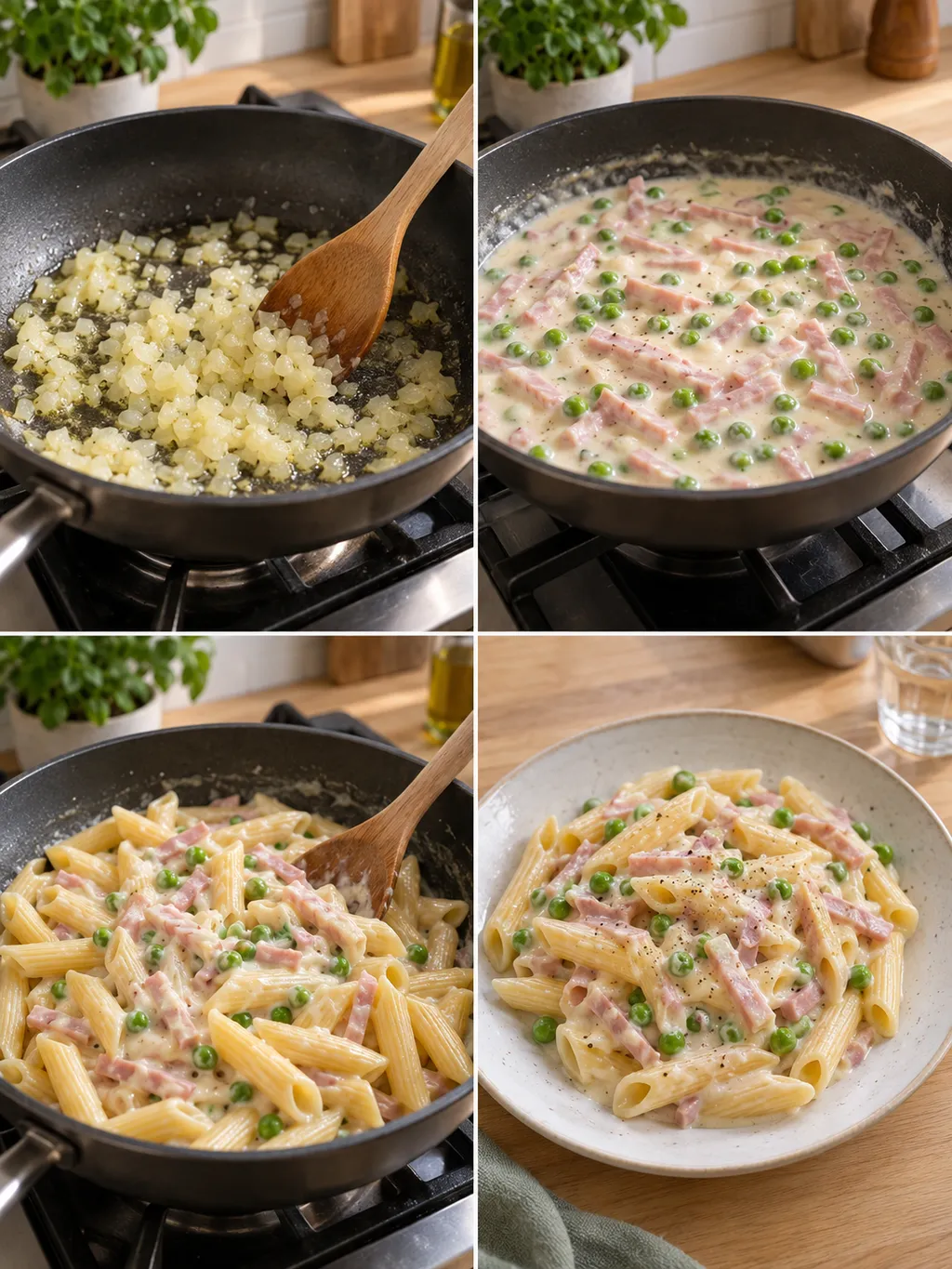 Lökfräsning, skinksås med ärtor, sammanblandning och färdig pasta på tallrik