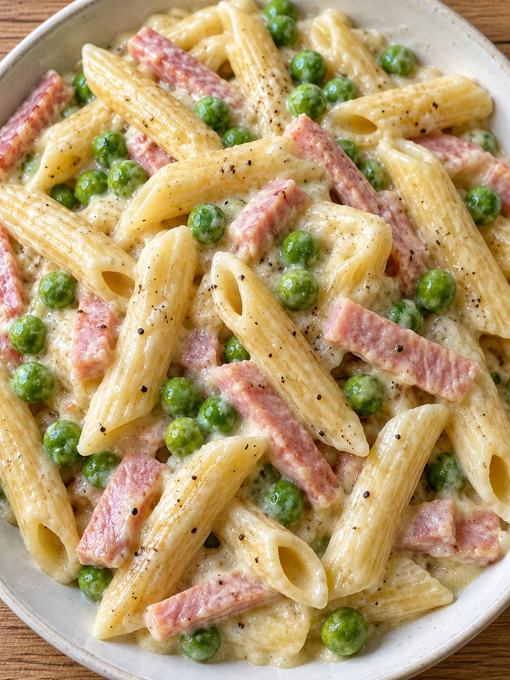 Krämig penne med skinkstrimlor och gröna ärtor i mild ostsås