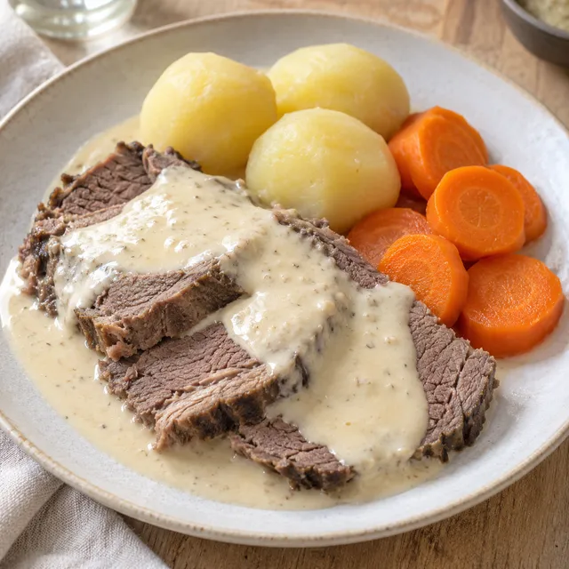 Pepparrotskött med ljus gräddig sås, kokt potatis och morötter