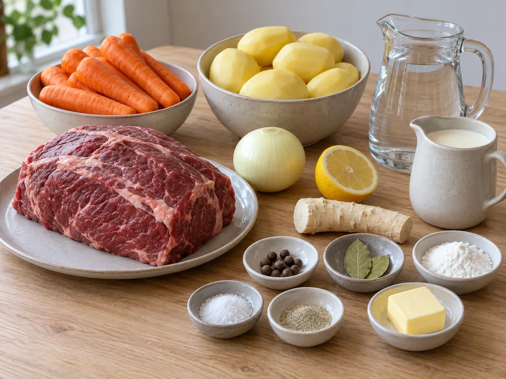 Högrev, pepparrot, grädde, potatis, morötter och kryddor till pepparrotskött