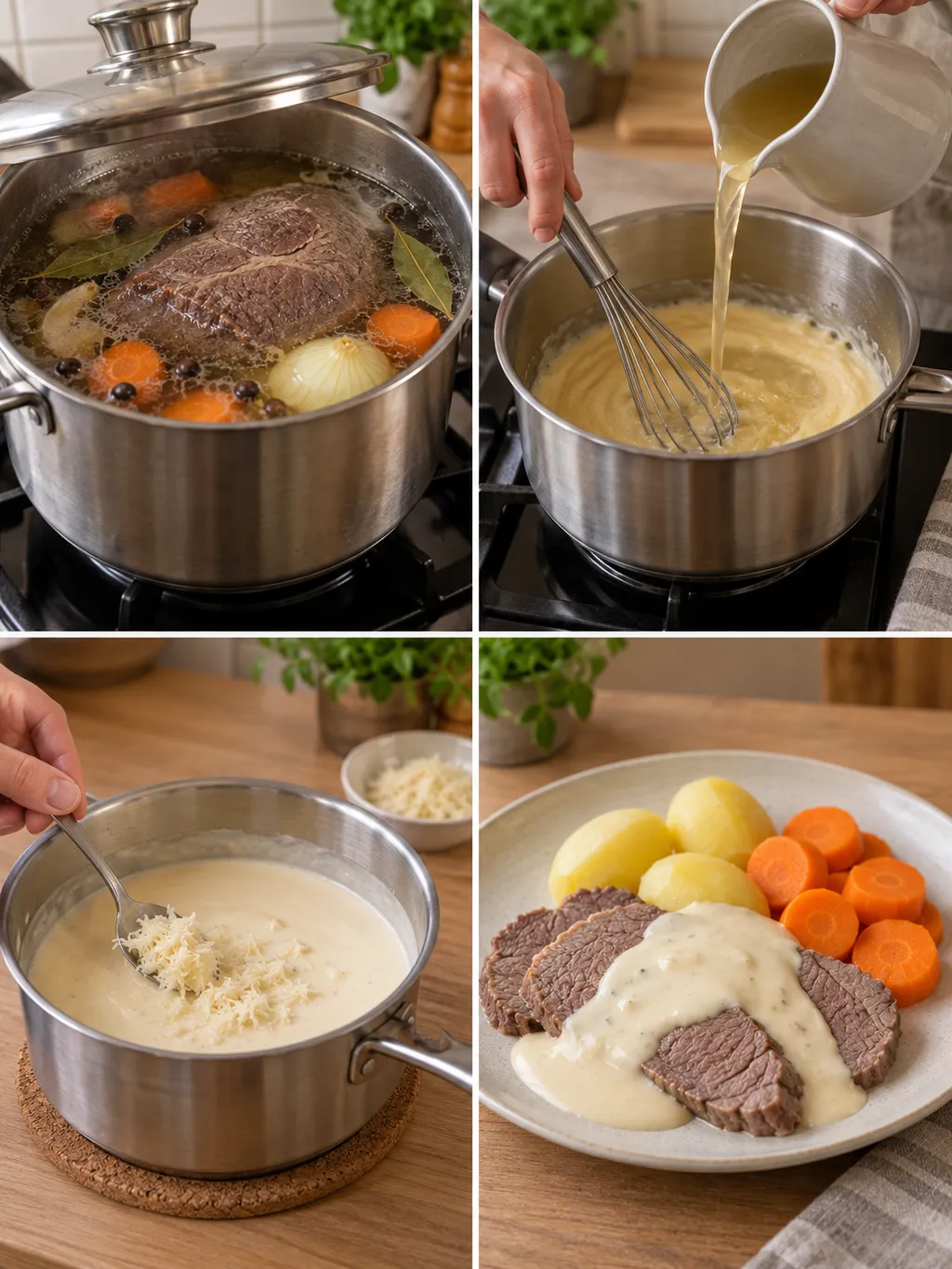 Högrev sjuds, såsen reds och pepparrot tillsätts före servering med potatis och morötter