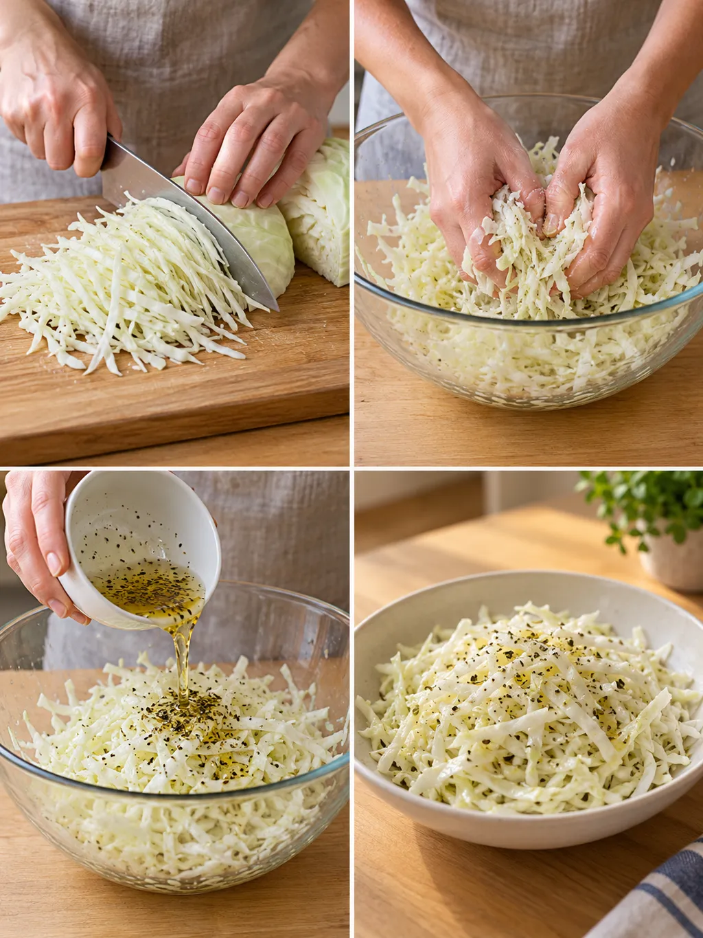 Vitkål strimlas, kramas och blandas med dressing till färdig pizzasallad