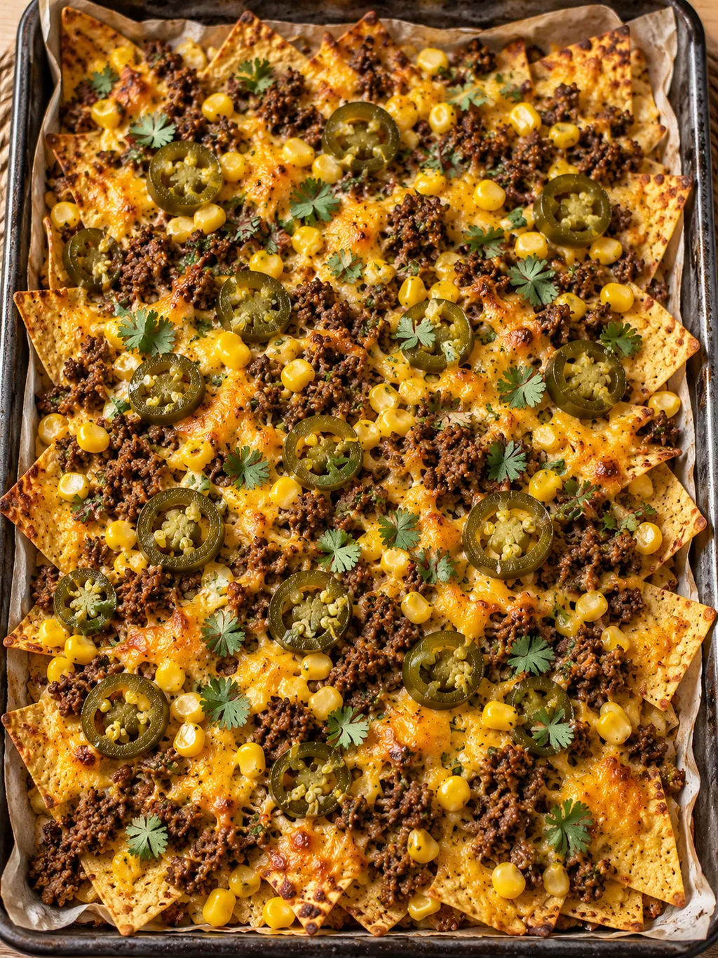 Nachos på plåt med smält cheddar, köttfärs, majs och gröna jalapeñoringar
