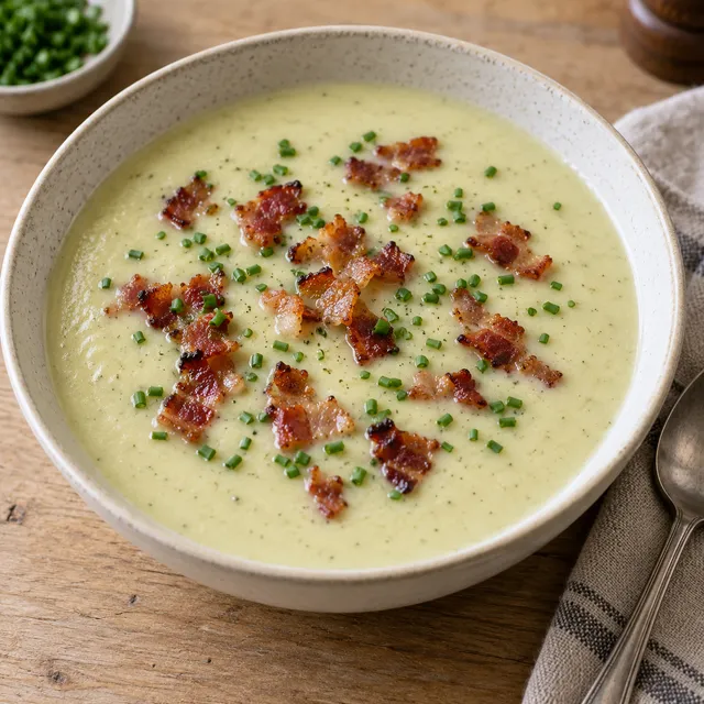 Len potatis- och purjolökssoppa med knaprigt bacon och gräslök i en ljus skål
