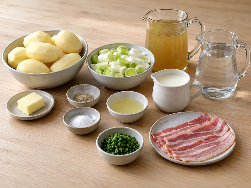 Potatis, purjolök, bacon, grädde och övriga råvaror till soppan på en träyta