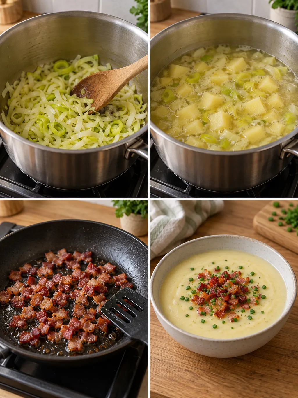 Purjolök fräses, potatis sjuder och bacon steks inför den färdiga soppan