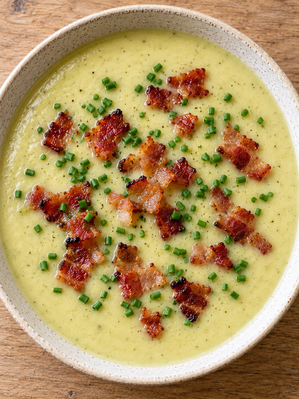Krämig potatis- och purjolökssoppa toppad med brynt bacon och finhackad gräslök