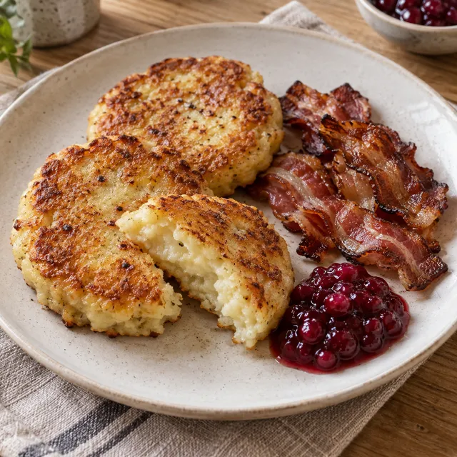 Gyllene potatisbullar med mjuk insida, knaperstekt bacon och lingonsylt