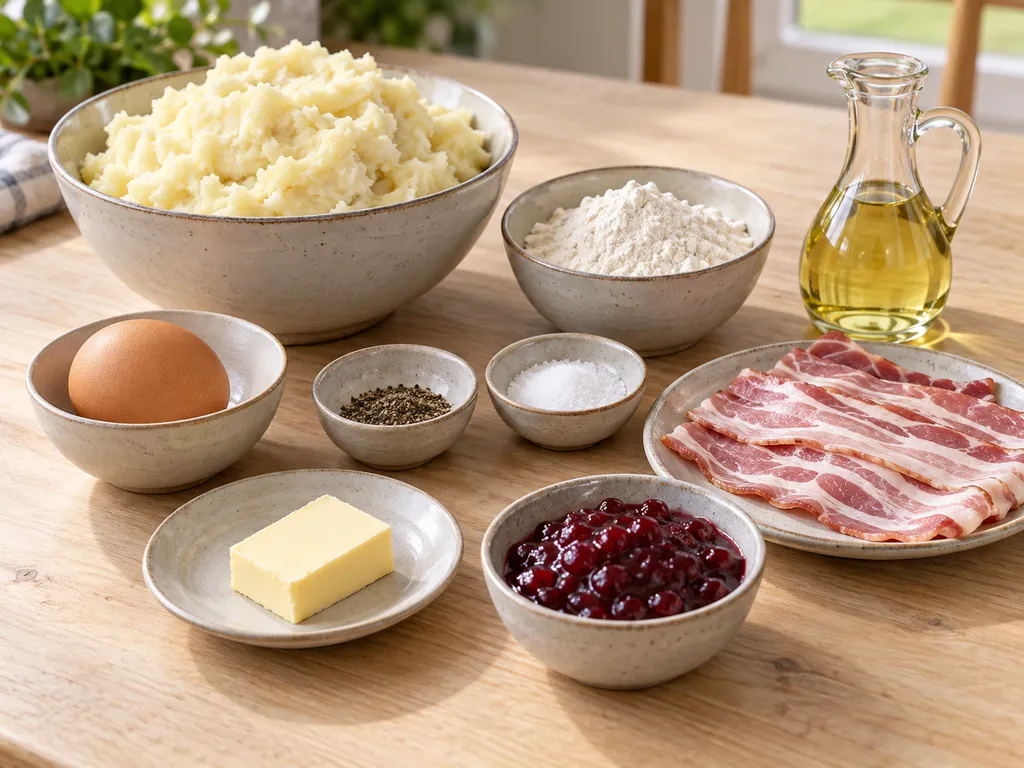 Potatismos, ägg, mjöl, kryddor, bacon, smör, rapsolja och lingonsylt